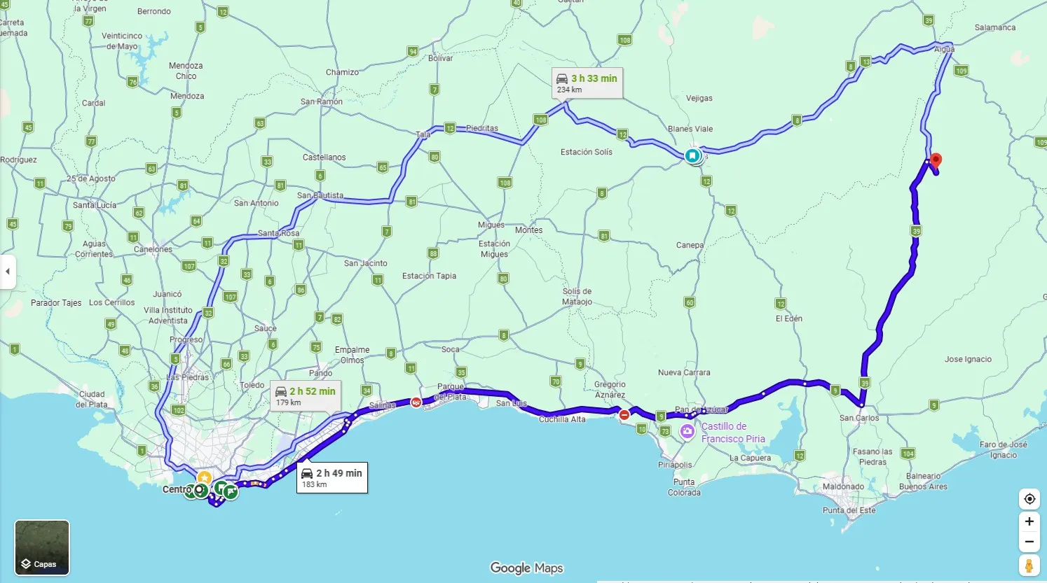 Mapa desde Montevideo hasta el predio cerca de Aiguá. Se ven los tres caminos: uno por la costa por la Interbalnearia, otro sumando la Ruta 9, y un tercero por el interior por la Ruta 12.